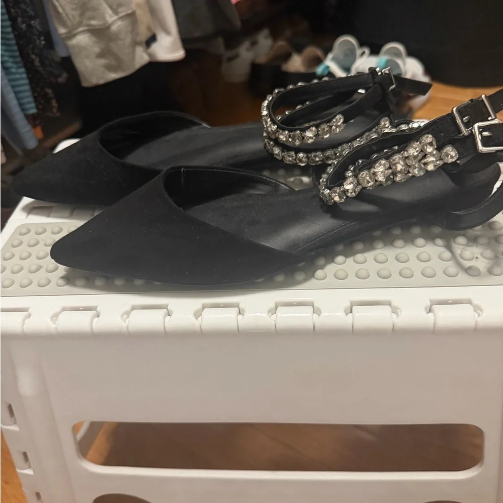Express Black Pointed-Toe Flats with Rhinestone Ankle Straps - Picture 2 of 3